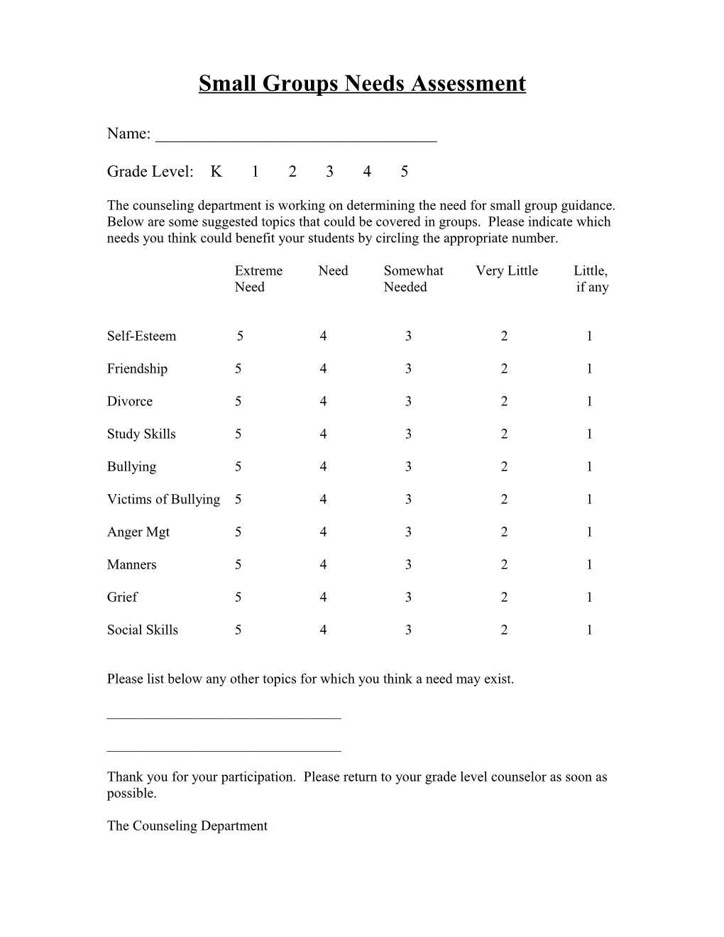 Small Groups Needs Assessment