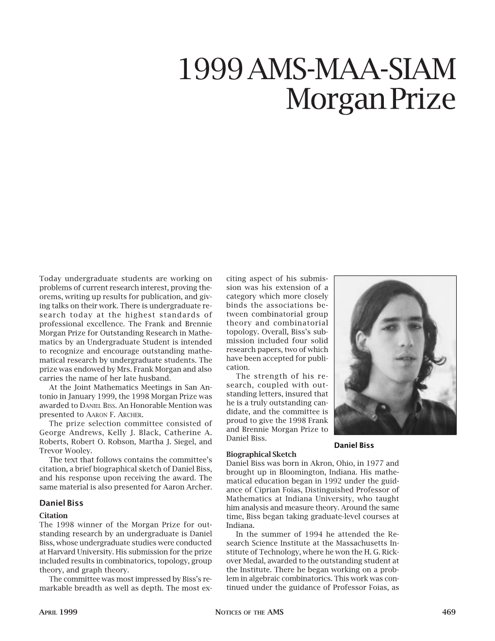 1999 AMS MAA-SIAM Morgan Prize