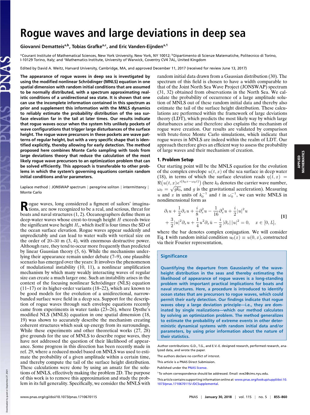 Rogue Waves and Large Deviations in Deep