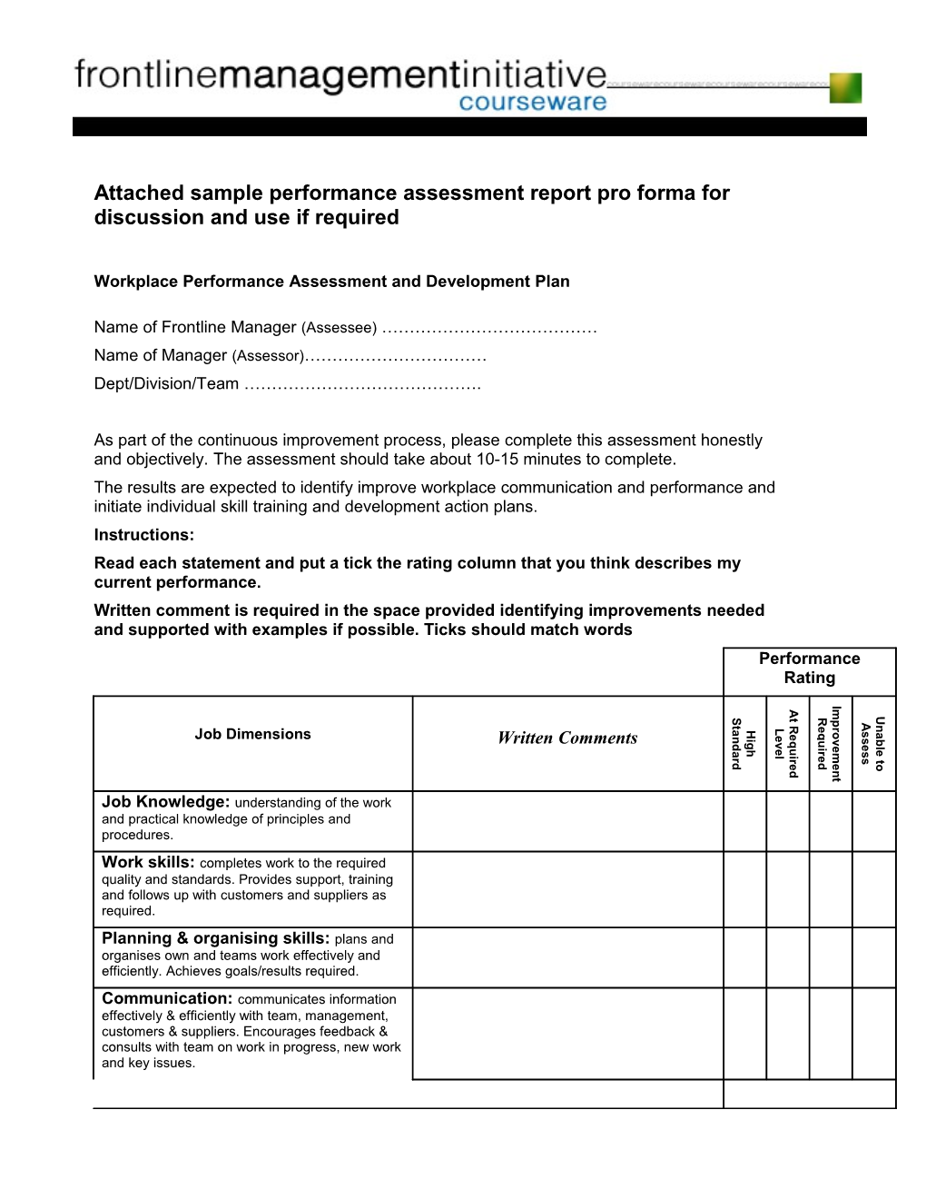 Attached Sample Performance Assessment Report Pro Forma for Discussion and Use If Required