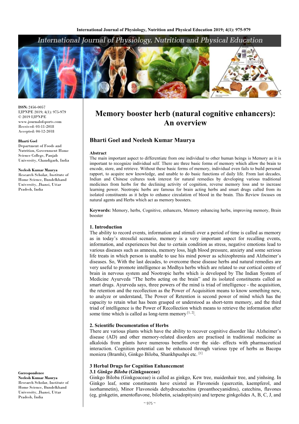 Memory Booster Herb (Natural Cognitive Enhancers): an Overview