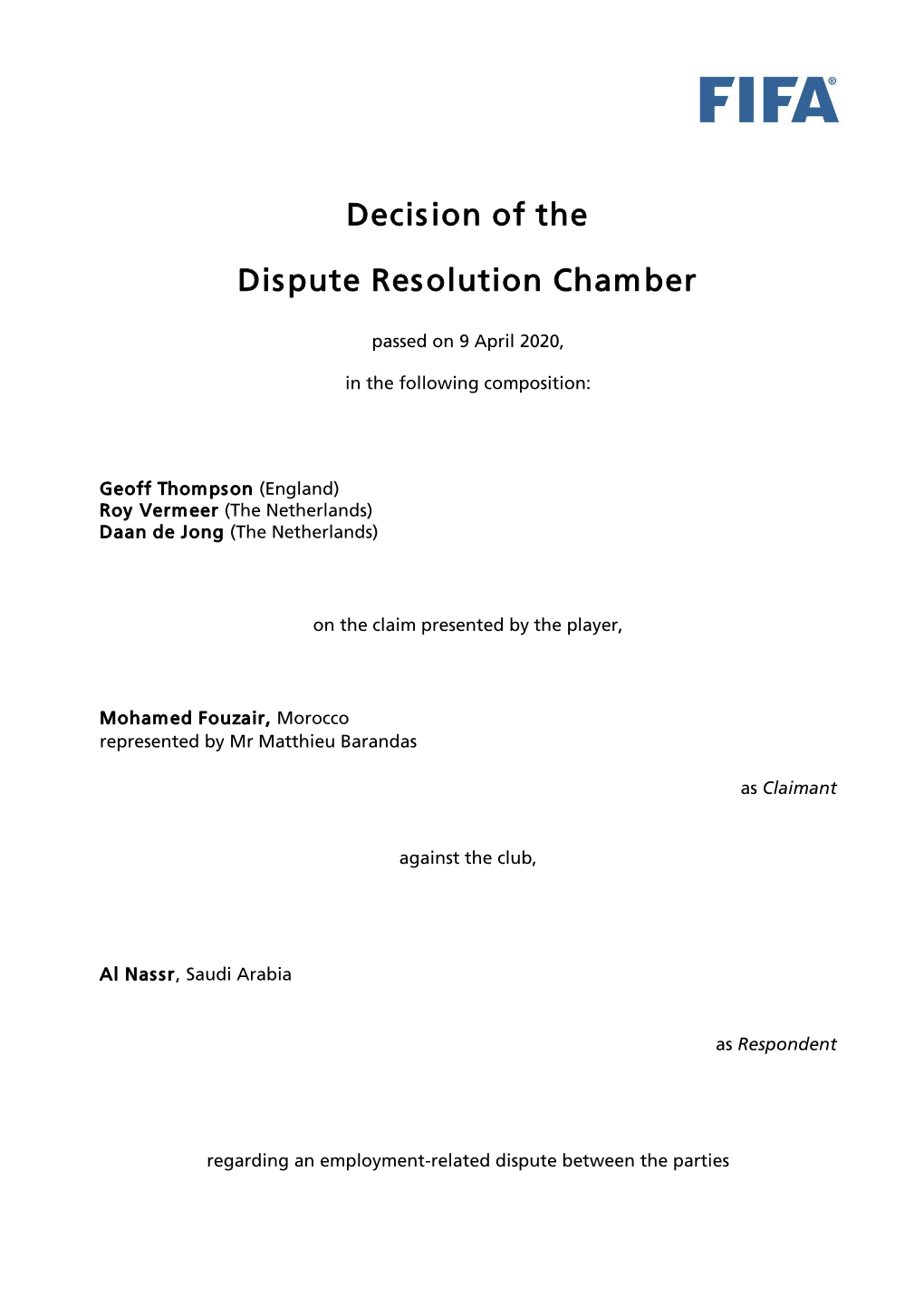 Decision of the Dispute Resolution Chamber