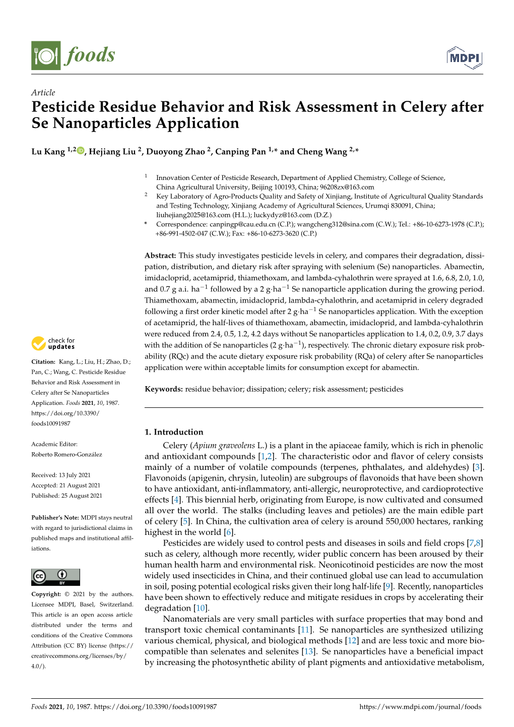 Pesticide Residue Behavior and Risk Assessment in Celery After Se Nanoparticles Application