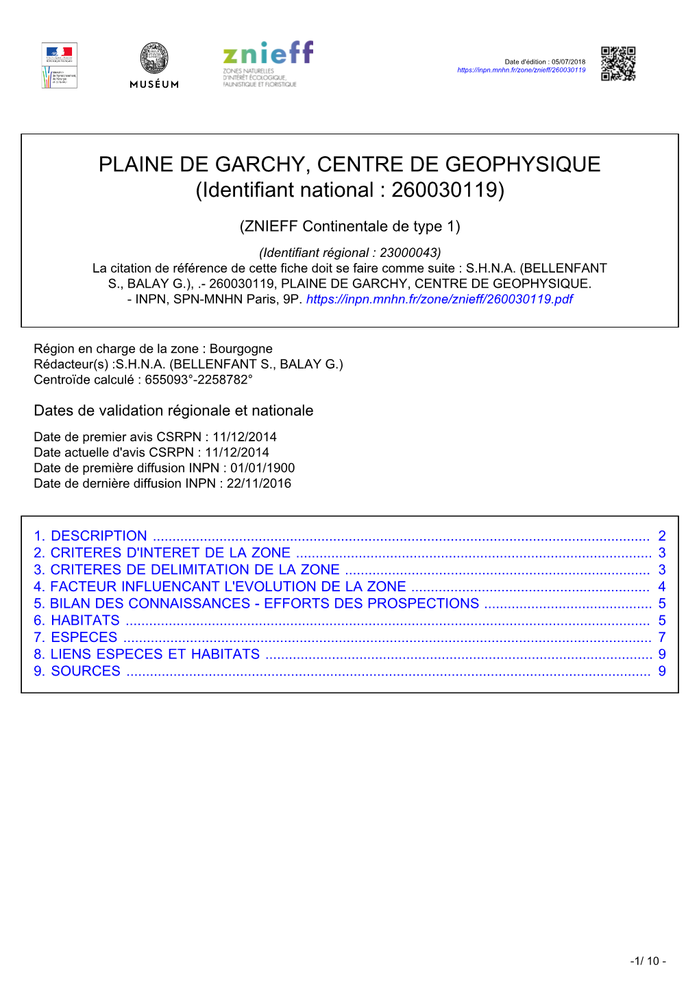 PLAINE DE GARCHY, CENTRE DE GEOPHYSIQUE (Identifiant National : 260030119)