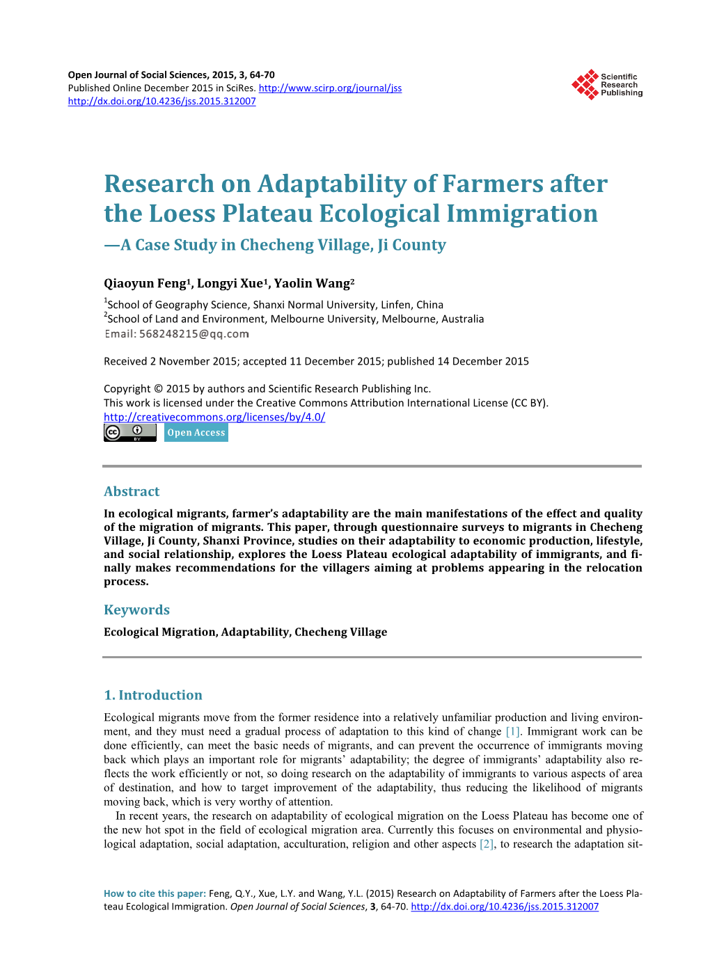 Research on Adaptability of Farmers After the Loess Plateau Ecological Immigration —A Case Study in Checheng Village, Ji County