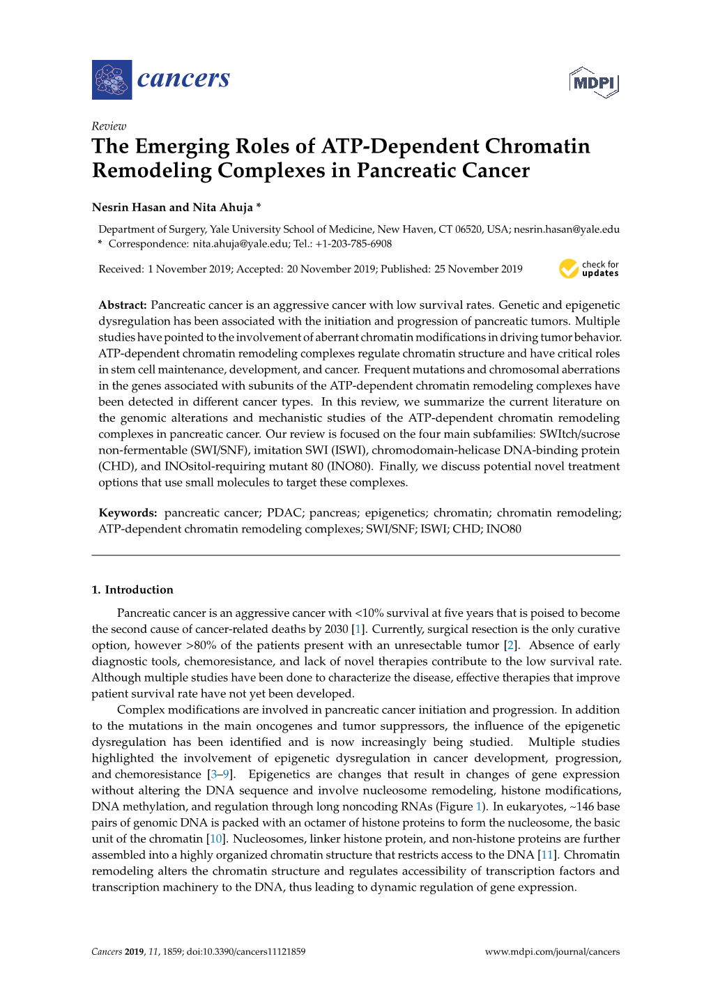 The Emerging Roles of ATP-Dependent Chromatin Remodeling Complexes in Pancreatic Cancer