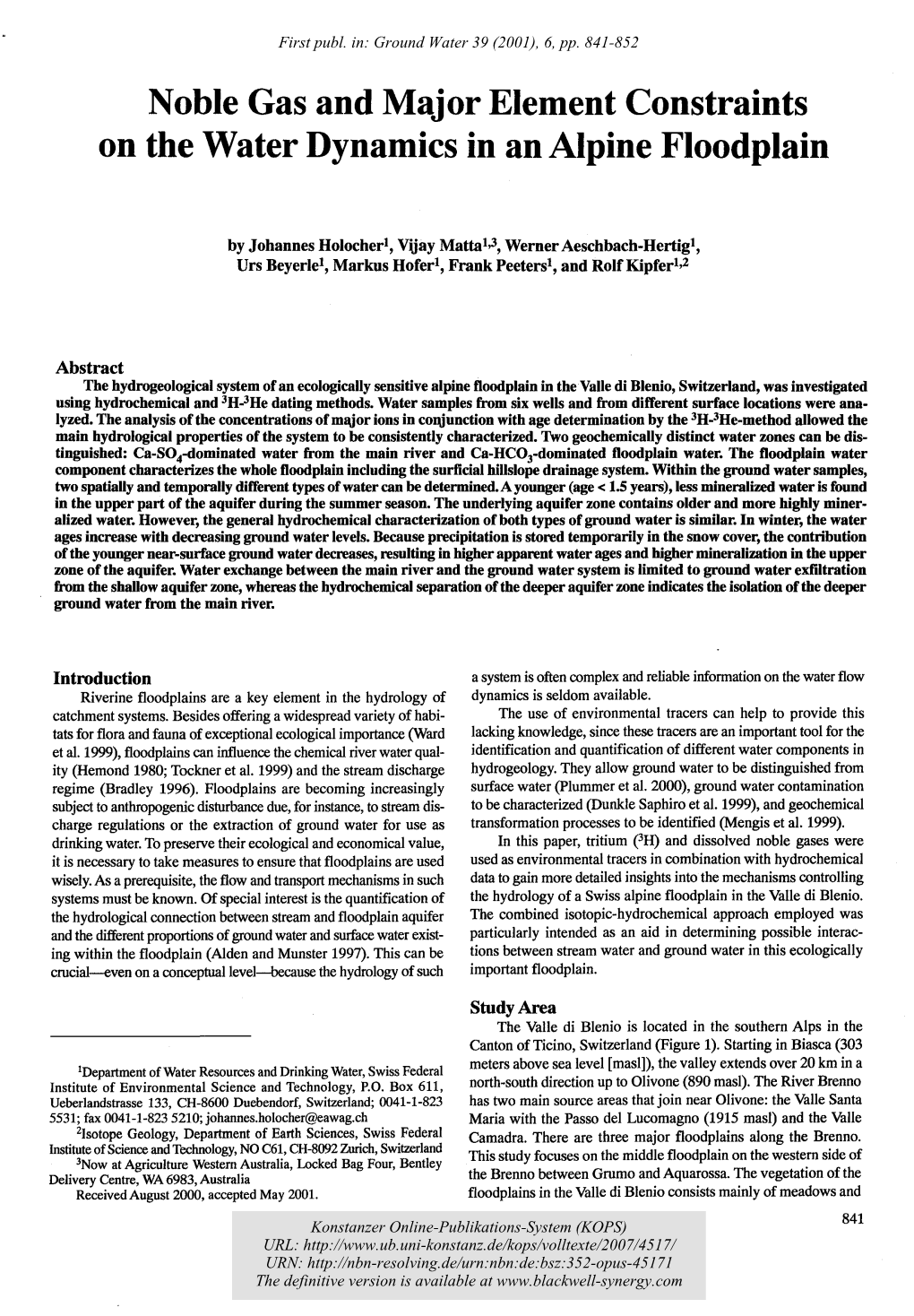 Noble Gas and Major Element Constraints on the Water Dynamics in an Alpine Floodplain