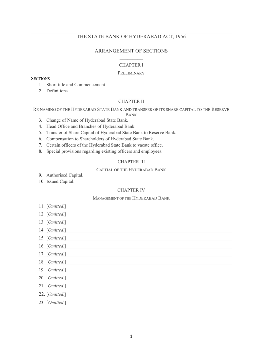 The State Bank of Hyderabad Act, 1956 ______Arrangement of Sections ______Chapter I Preliminary Sections 1