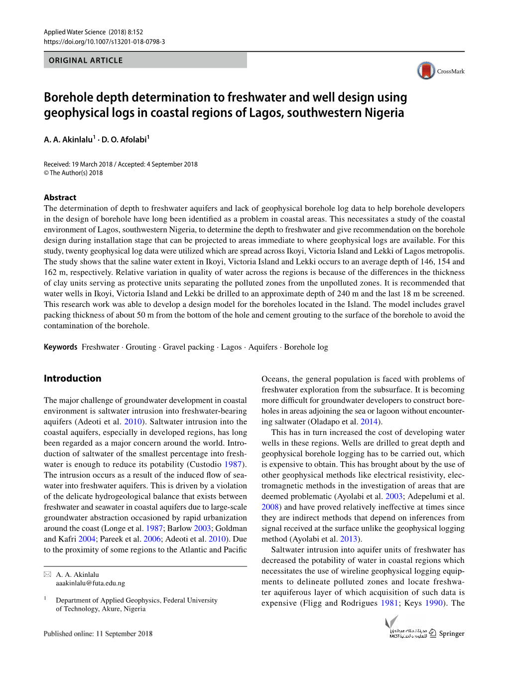 Borehole Depth Determination to Freshwater and Well Design Using Geophysical Logs in Coastal Regions of Lagos, Southwestern Nigeria