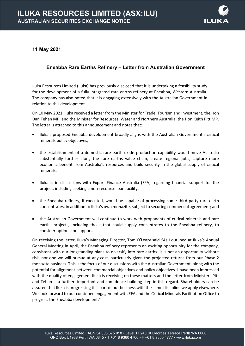 Eneabba Rare Earths Refinery – Letter from Australian Government