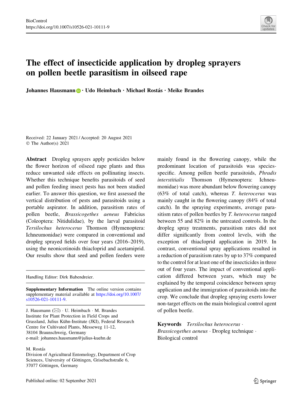 The Effect of Insecticide Application by Dropleg Sprayers on Pollen Beetle Parasitism in Oilseed Rape