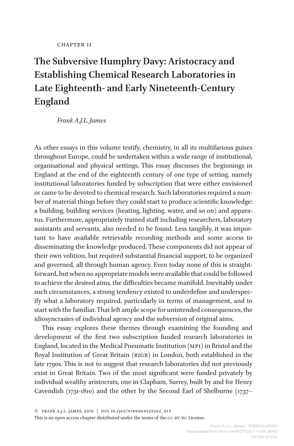 The Subversive Humphry Davy: Aristocracy and Establishing Chemical Research Laboratories in Late Eighteenth- and Early Nineteenth-Century England