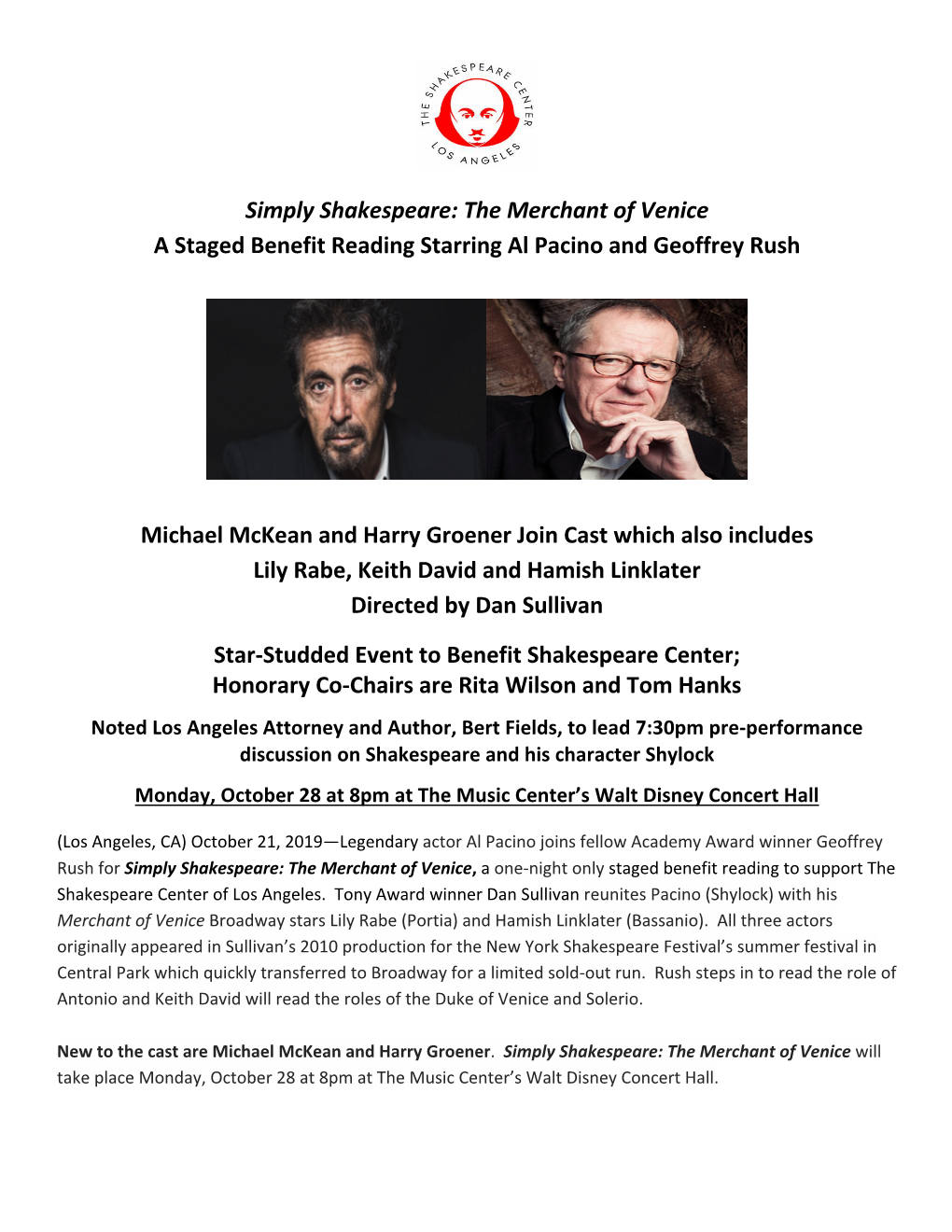 Simply Shakespeare: the Merchant of Venice a Staged Benefit Reading Starring Al Pacino and Geoffrey Rush