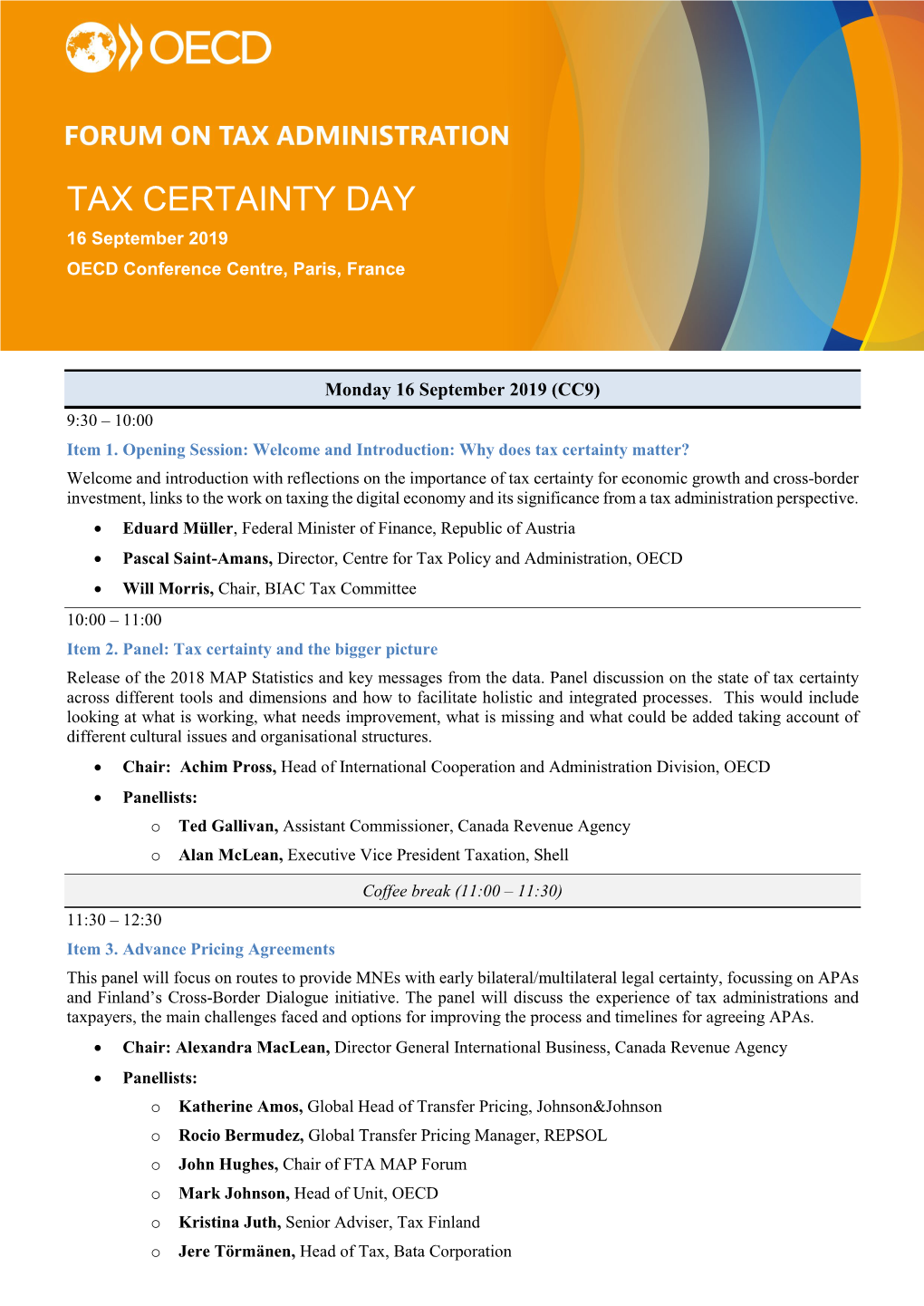 TAX CERTAINTY DAY 16 September 2019 OECD Conference Centre, Paris, France