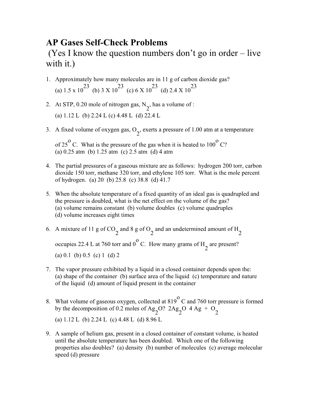 Worksheet Gas Laws Chapter 12