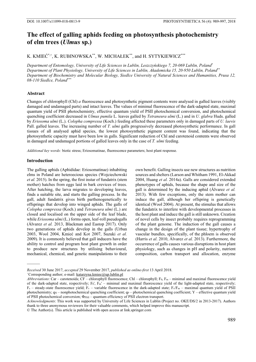 The Effect of Galling Aphids Feeding on Photosynthesis Photochemistry of Elm Trees (Ulmus Sp.)