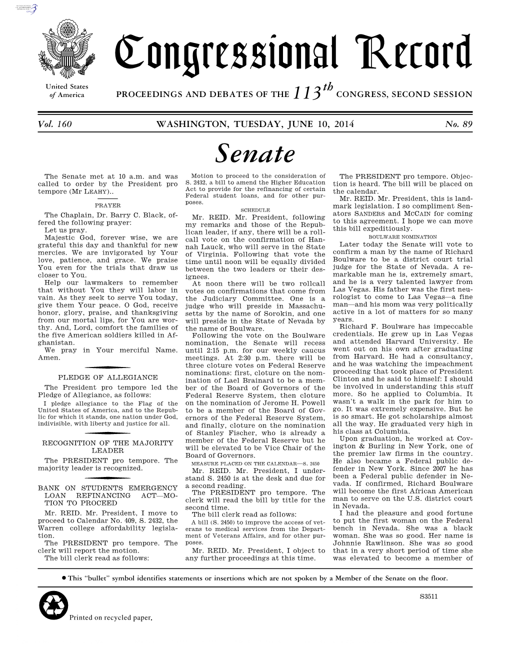 Congressional Record United States Th of America PROCEEDINGS and DEBATES of the 113 CONGRESS, SECOND SESSION