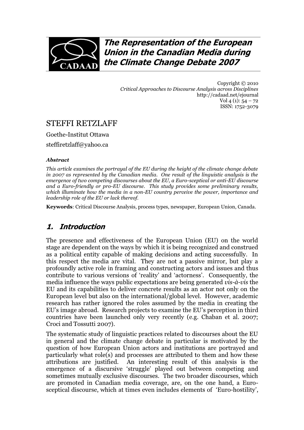 The Representation of the European Union in the Canadian Media During the Climate Change Debate 2007