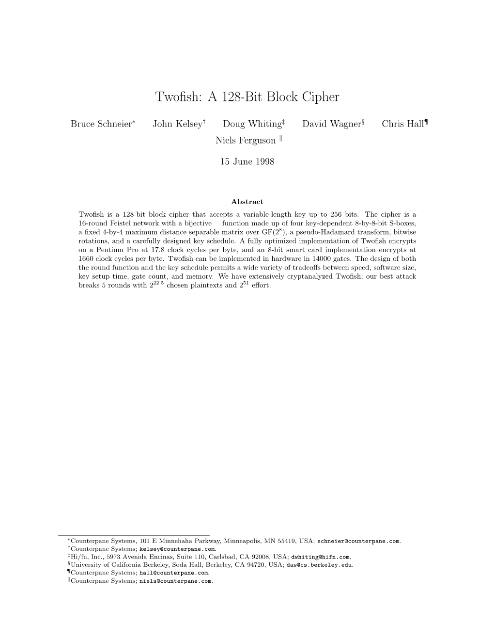 Twofish: a 128-Bit Block Cipher