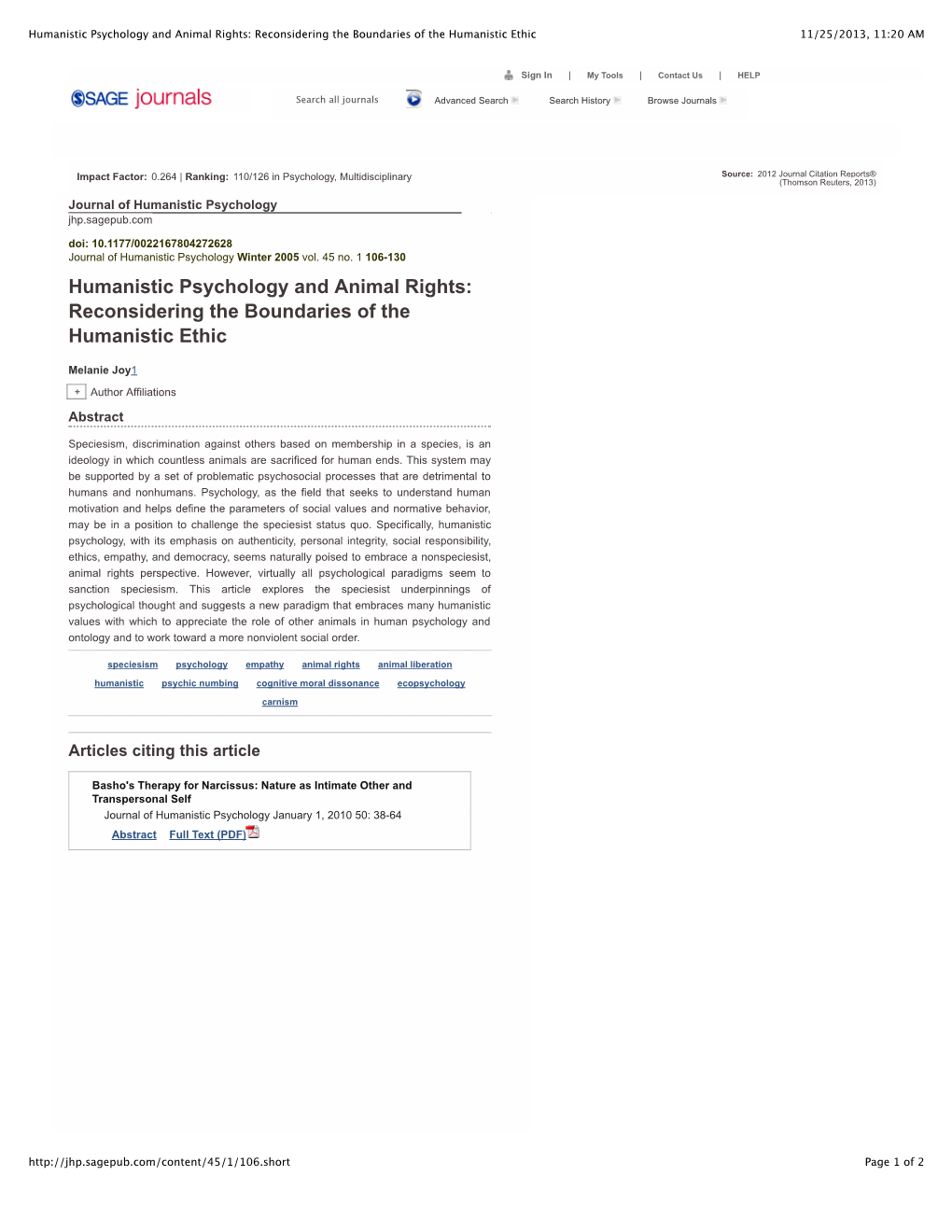 Humanistic Psychology and Animal Rights: Reconsidering the Boundaries of the Humanistic Ethic 11/25/2013, 11:20 AM