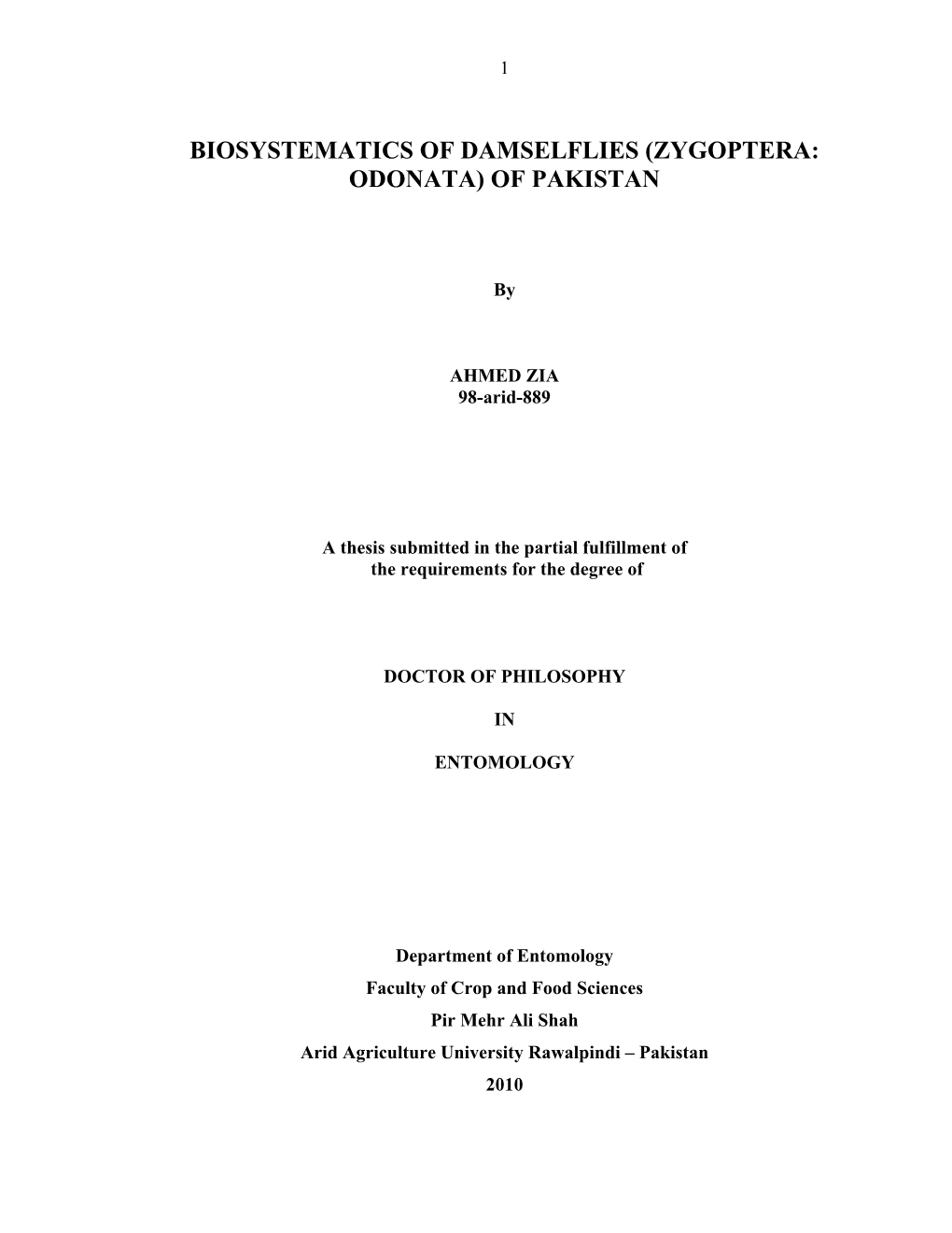 Biosystematics of Damselflies (Zygoptera: Odonata) of Pakistan