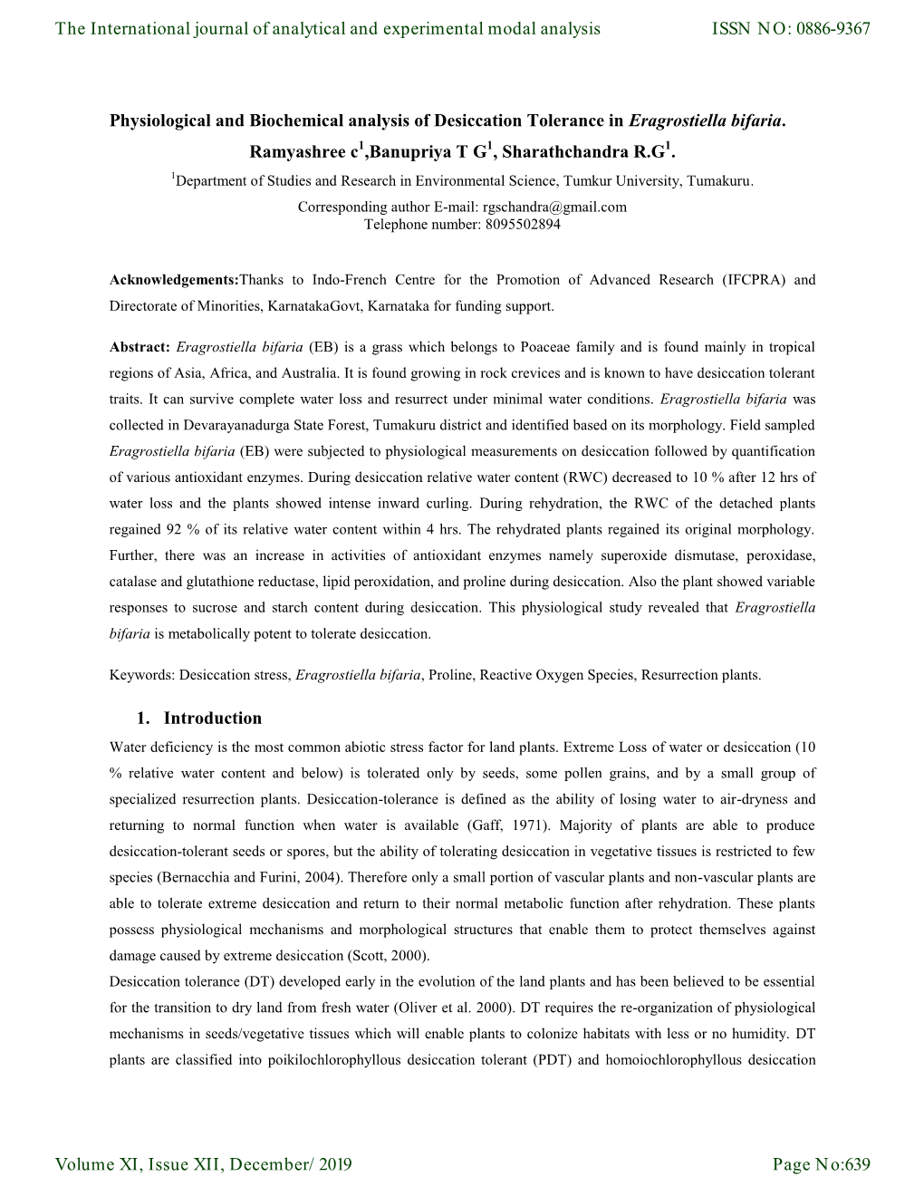 Physiological and Biochemical Analysis of Desiccation Tolerance in Eragrostiella Bifaria. Ramyashree C ,Banupriya T G , Sharathc