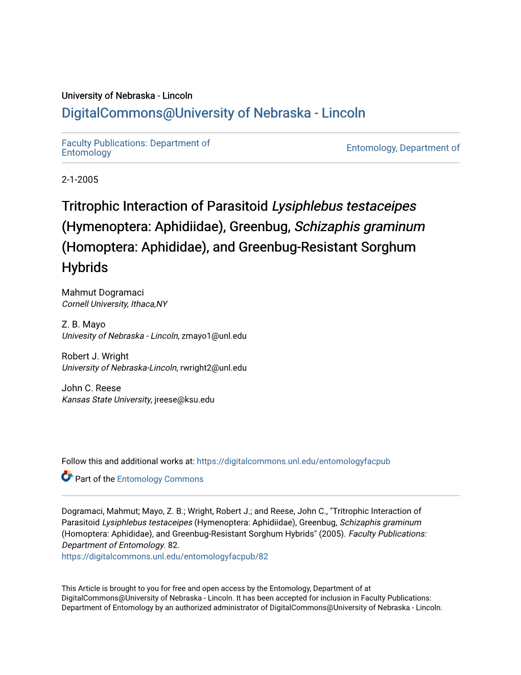 Tritrophic Interaction of Parasitoid &lt;I&gt;Lysiphlebus Testaceipes &lt;/I