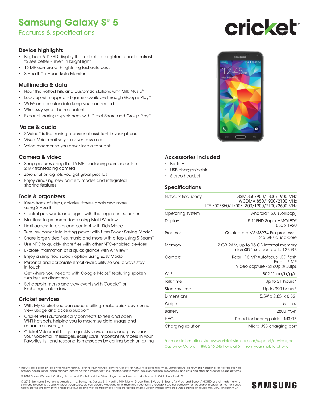 Samsung Galaxy S® 5 Features & Speciﬁ Cations