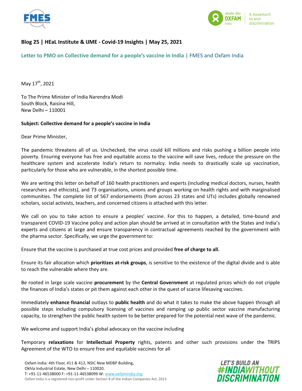 Letter to PMO on Collective Demand for a People's Vaccine in India