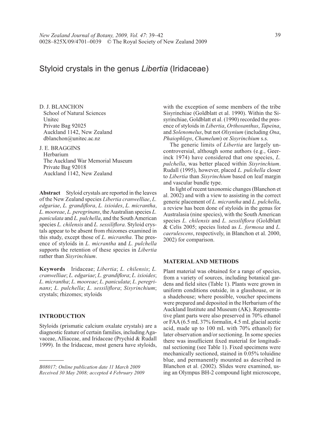 Styloid Crystals in the Genus Libertia (Iridaceae)