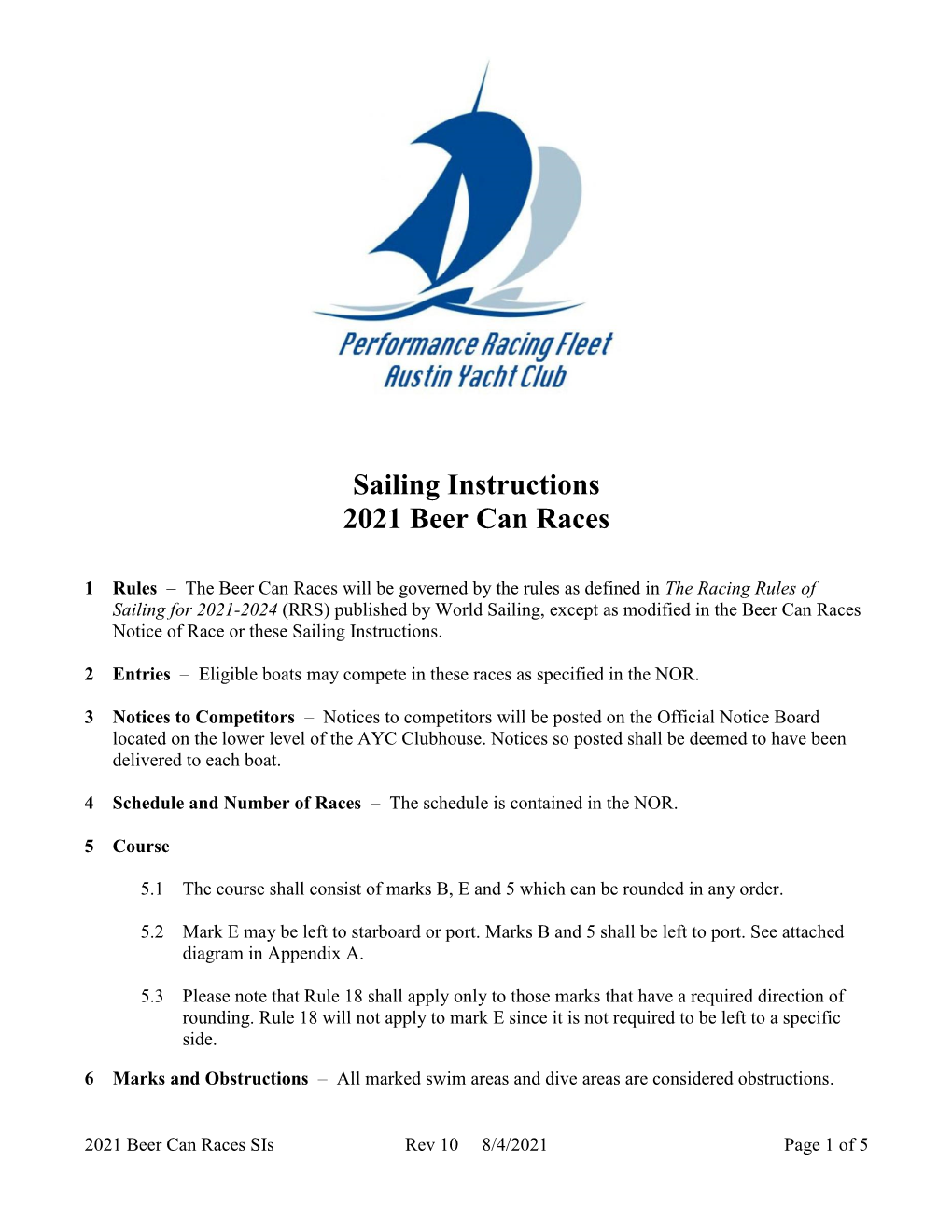 Sailing Instructions 2021 Beer Can Races