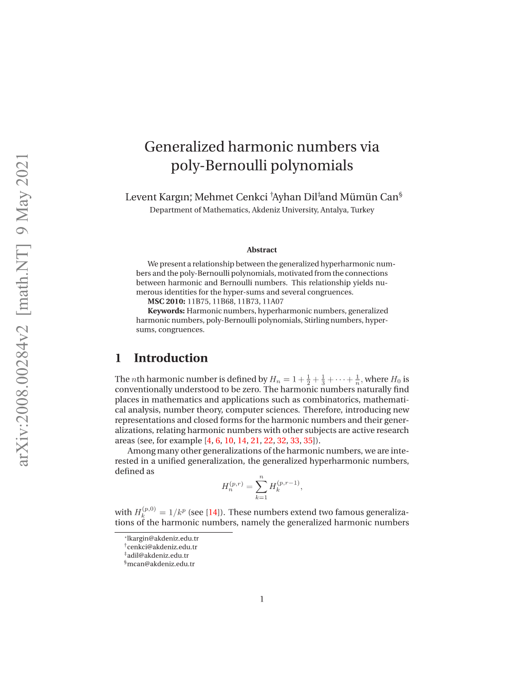 Arxiv:2008.00284V2 [Math.NT] 9 May 2021