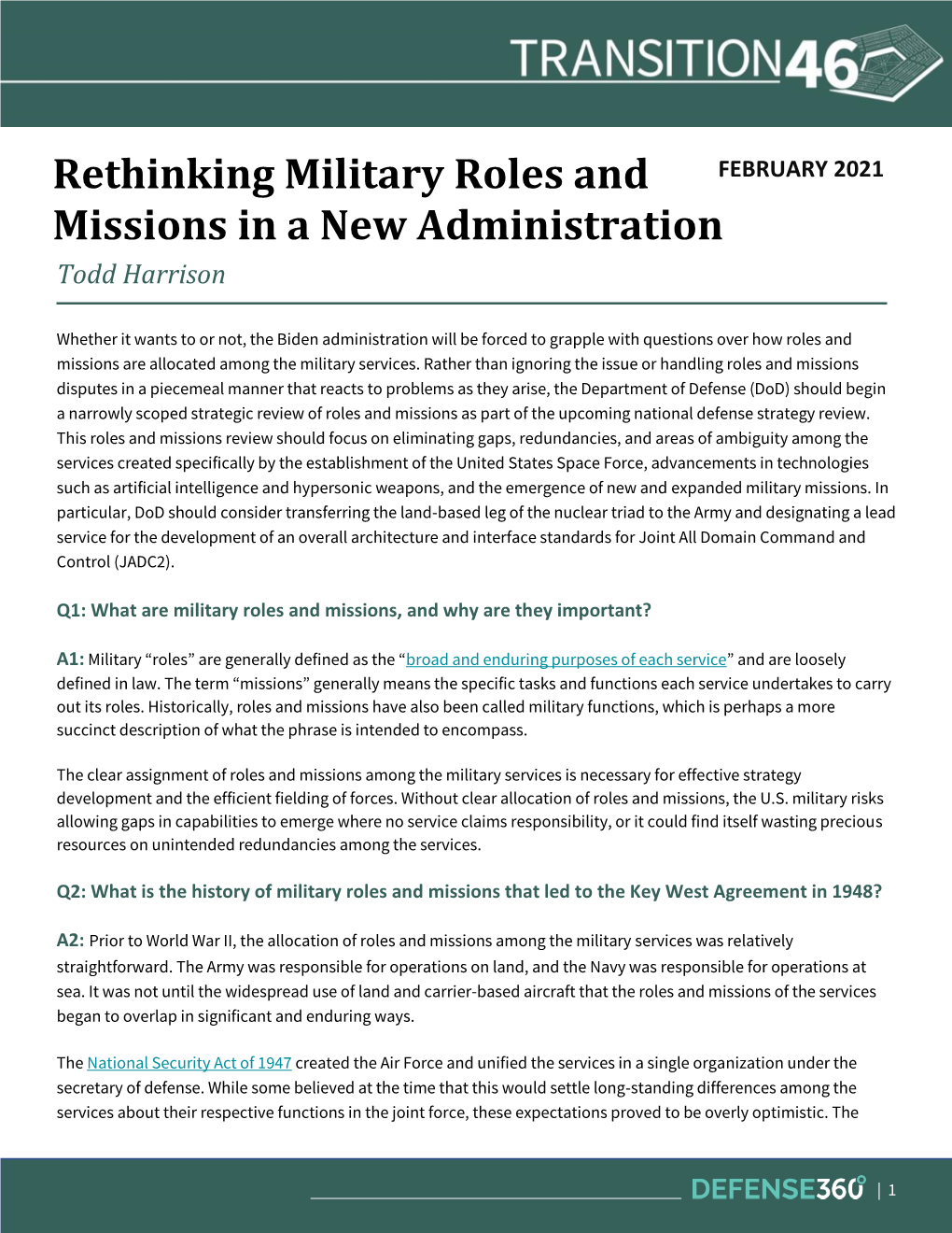 Rethinking Military Roles and Missions in a New Administration