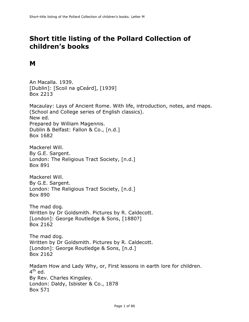 Short Title Listing of the Pollard Collection of Children's Books