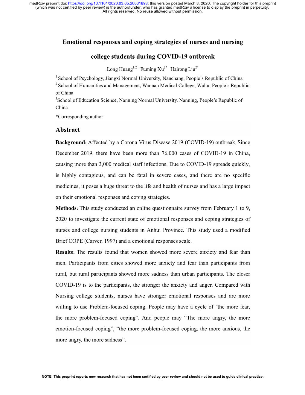 Emotional Responses and Coping Strategies of Nurses and Nursing College Students During COVID-19 Outbreak