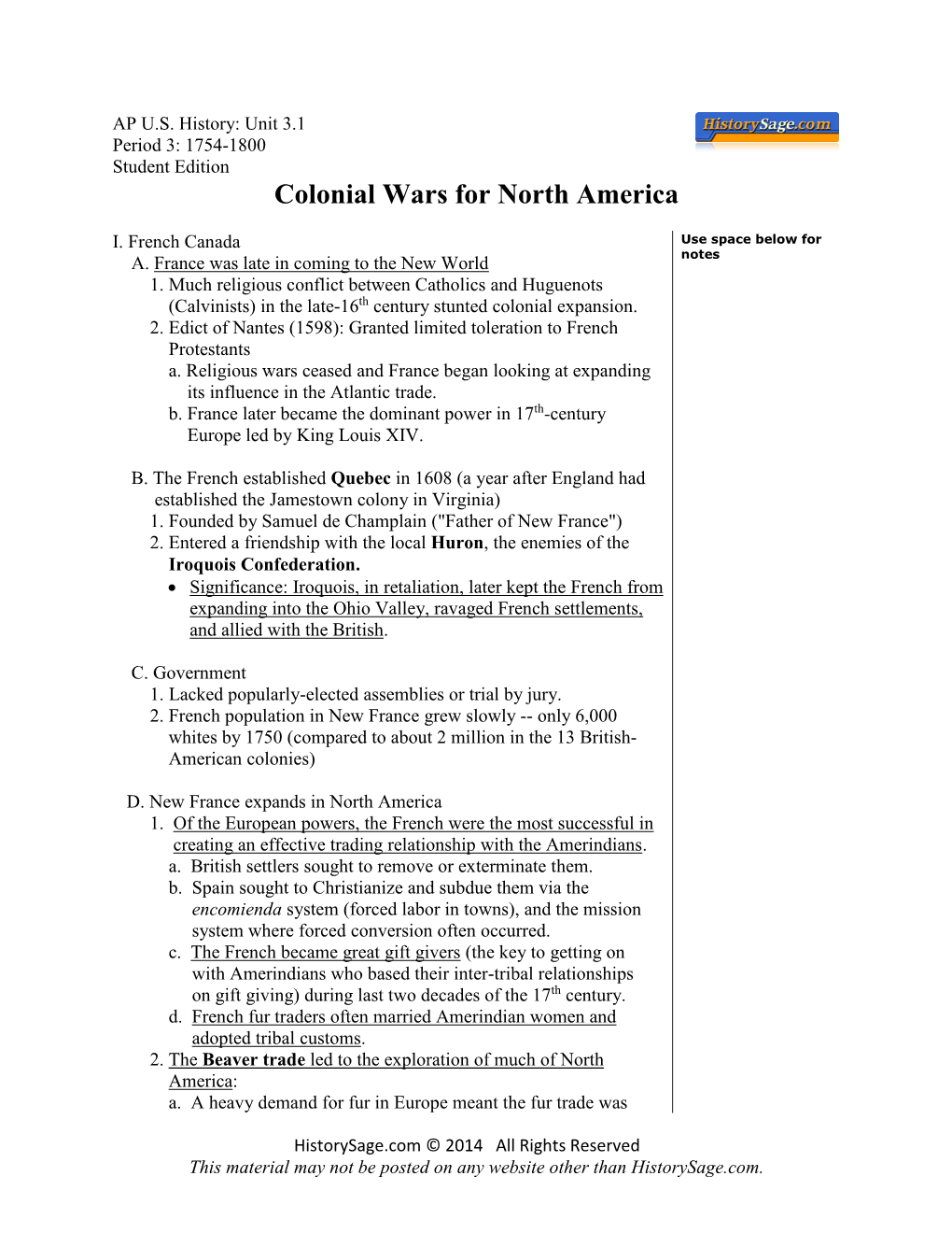 Colonial Wars for North America Packet APUSH