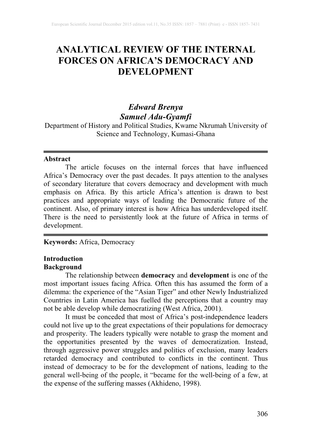 Analytical Review of the Internal Forces on Africa's Democracy and Development
