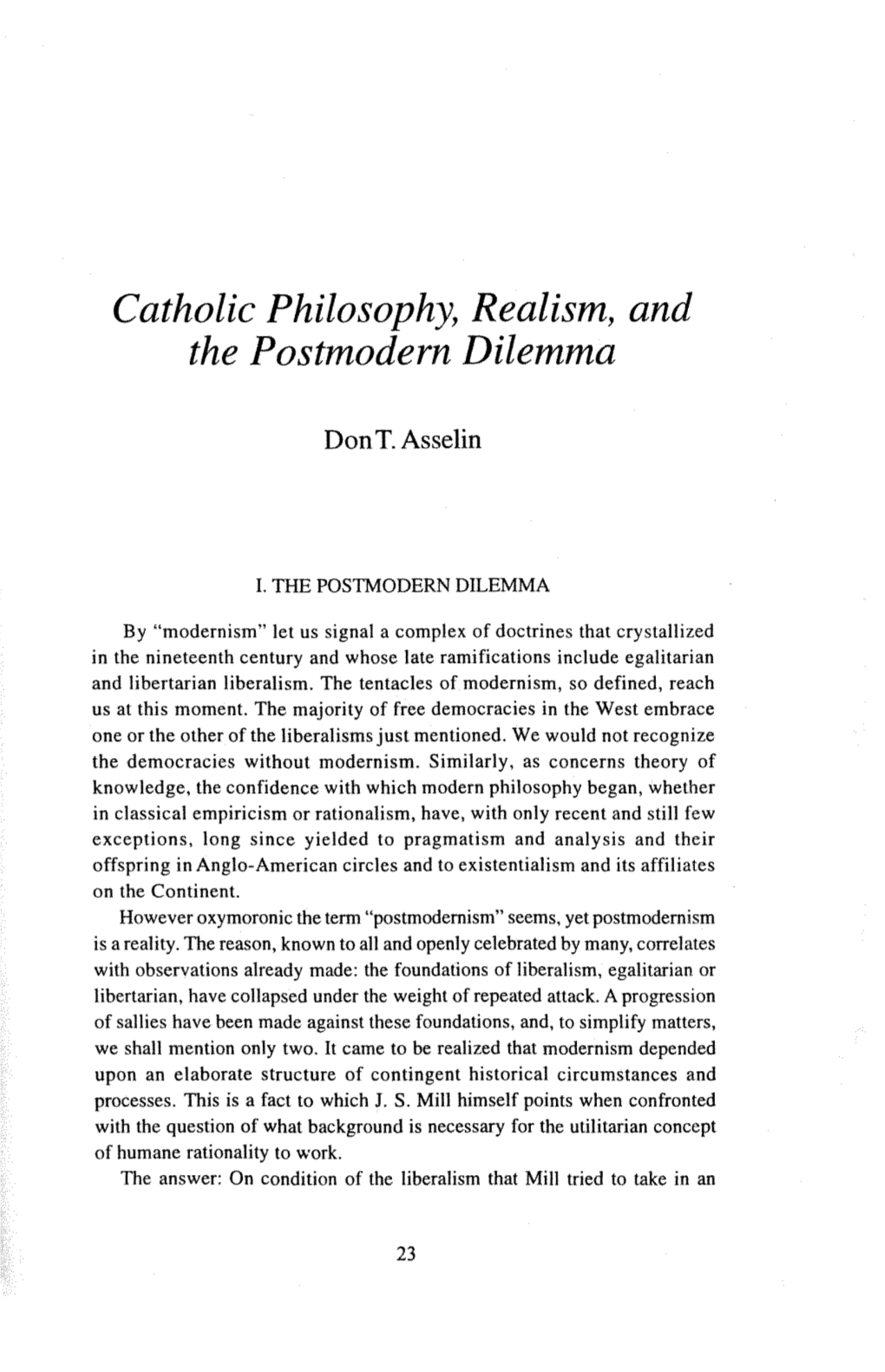 Catholic Philosophy, Realism, and the Postmodern Dilemma