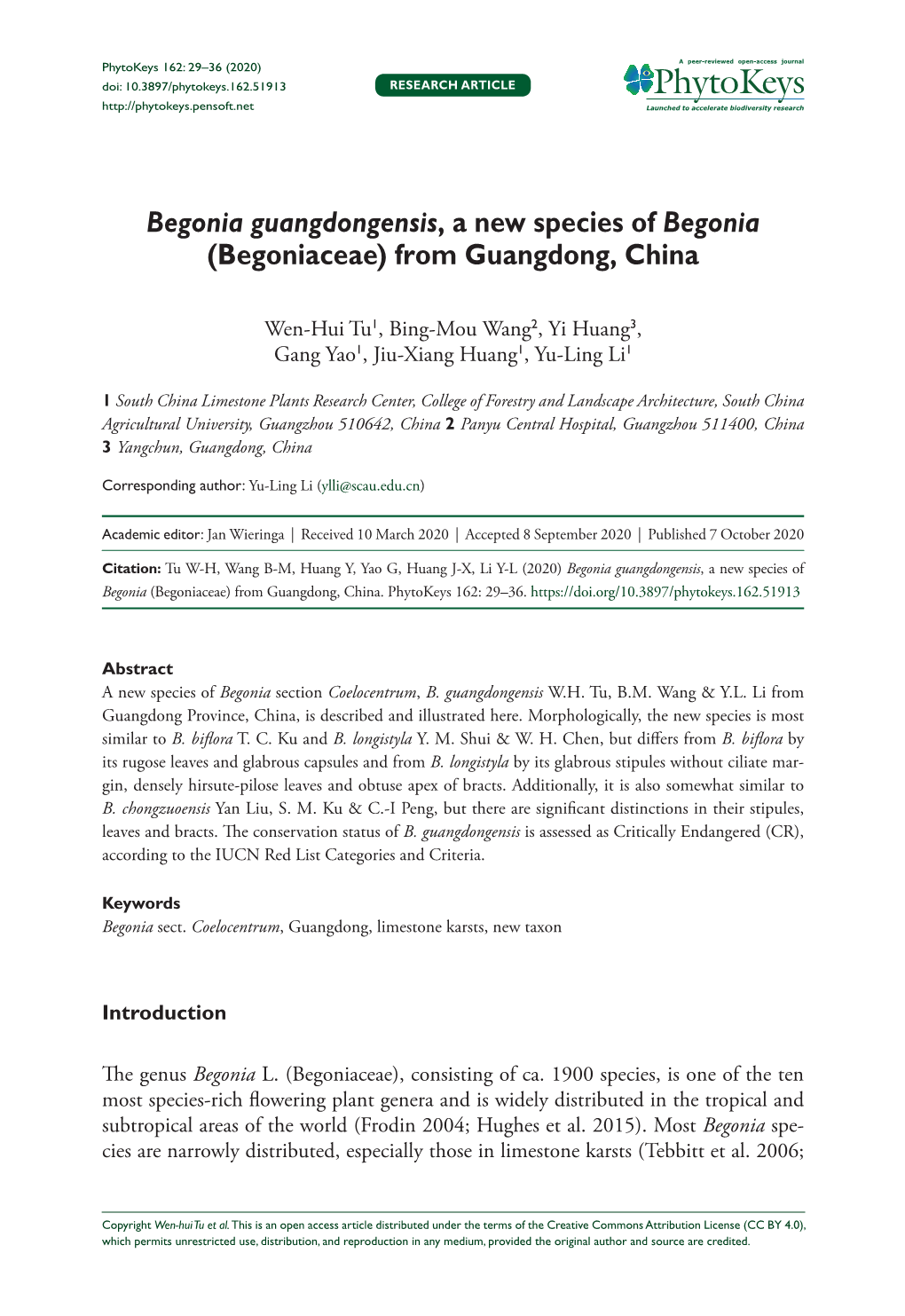 Begonia Guangdongensis, a New Species of Begonia (Begoniaceae) from Guangdong, China