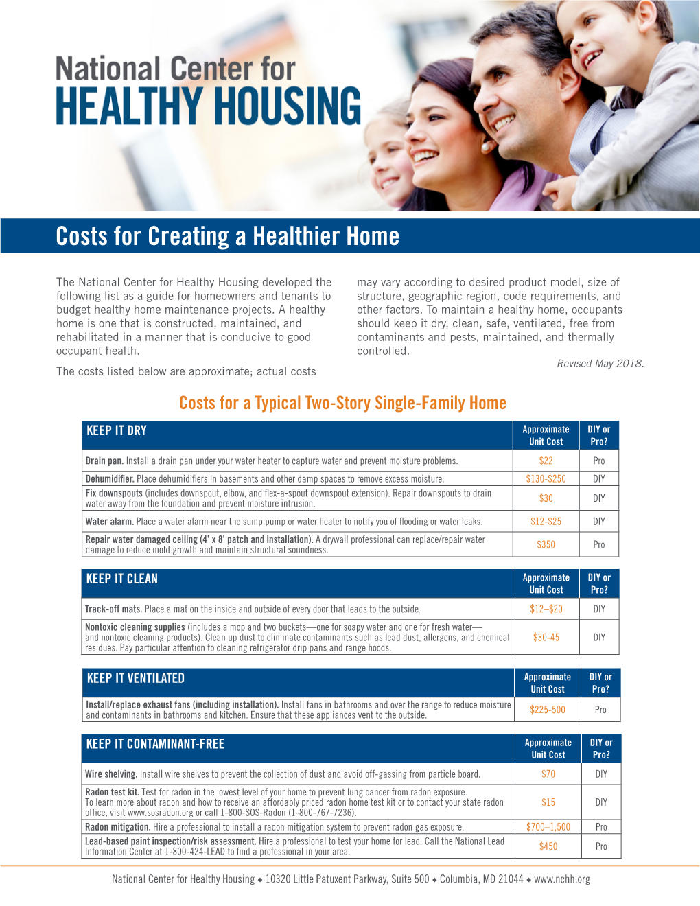 Costs for Creating a Healthier Home