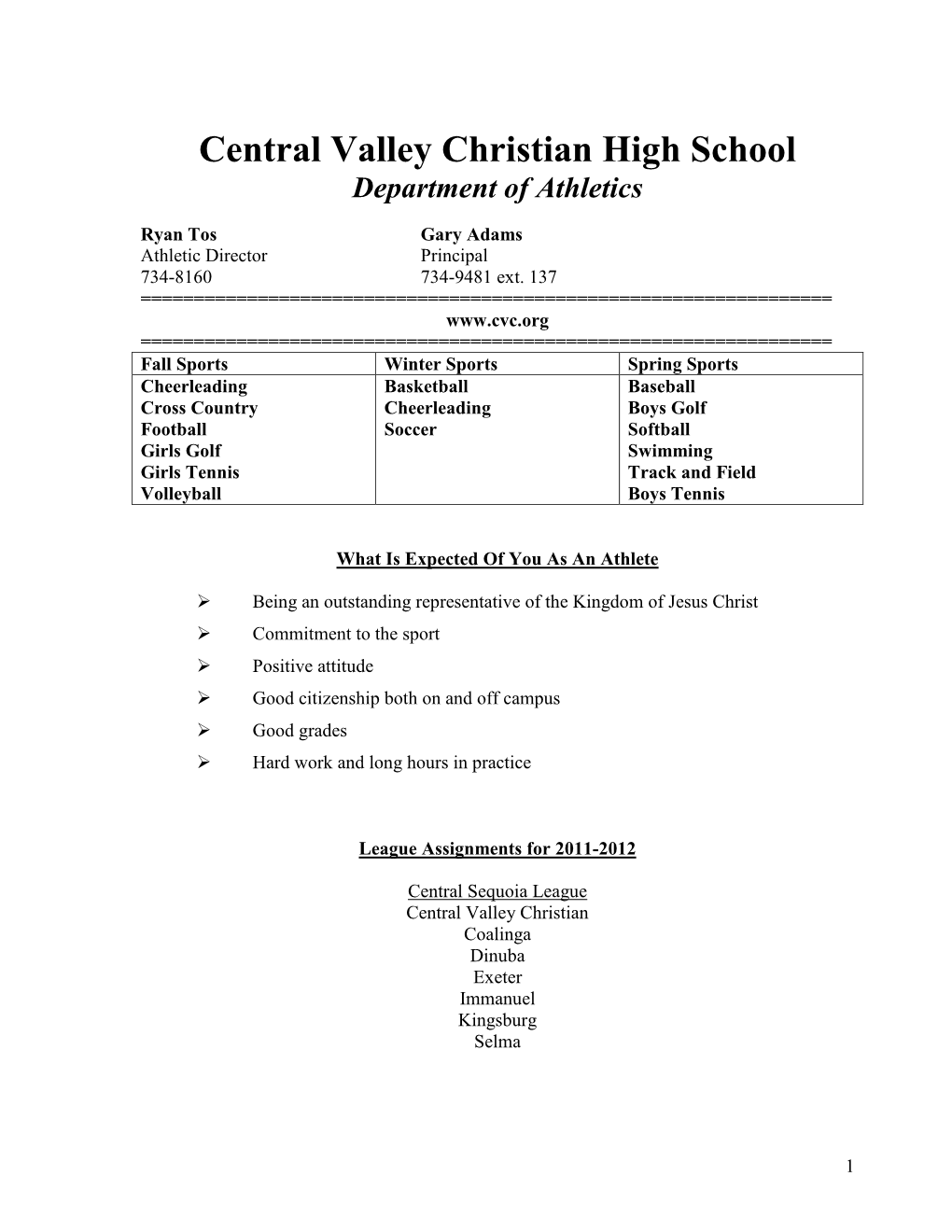 Central Valley Christian High School Department of Athletics