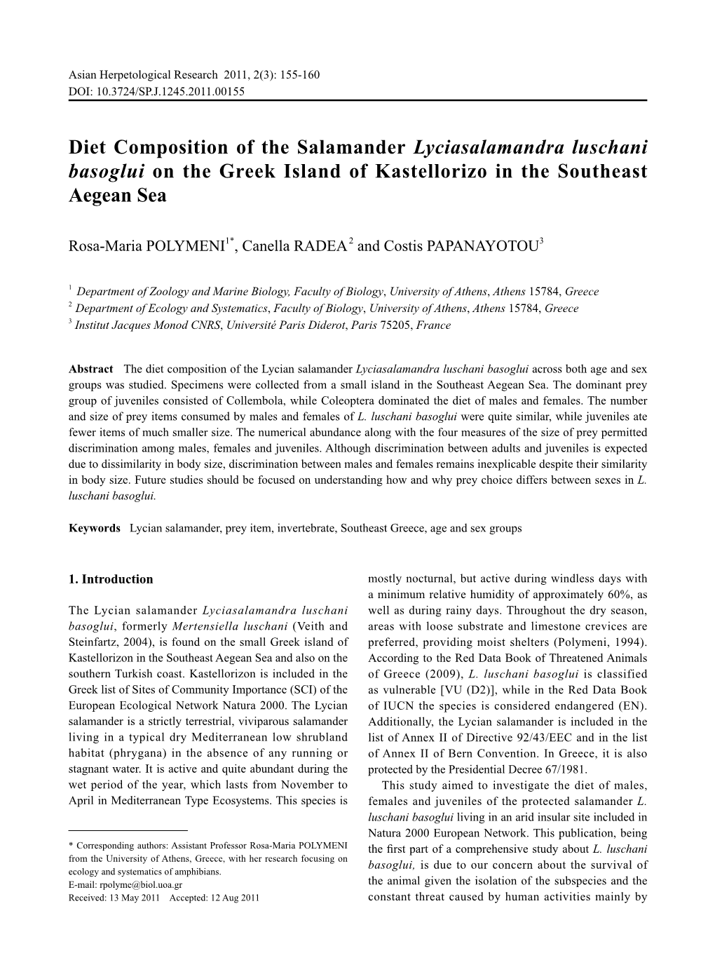 Diet Composition of the Salamander Lyciasalamandra Luschani Basoglui on the Greek Island of Kastellorizo in the Southeast Aegean Sea