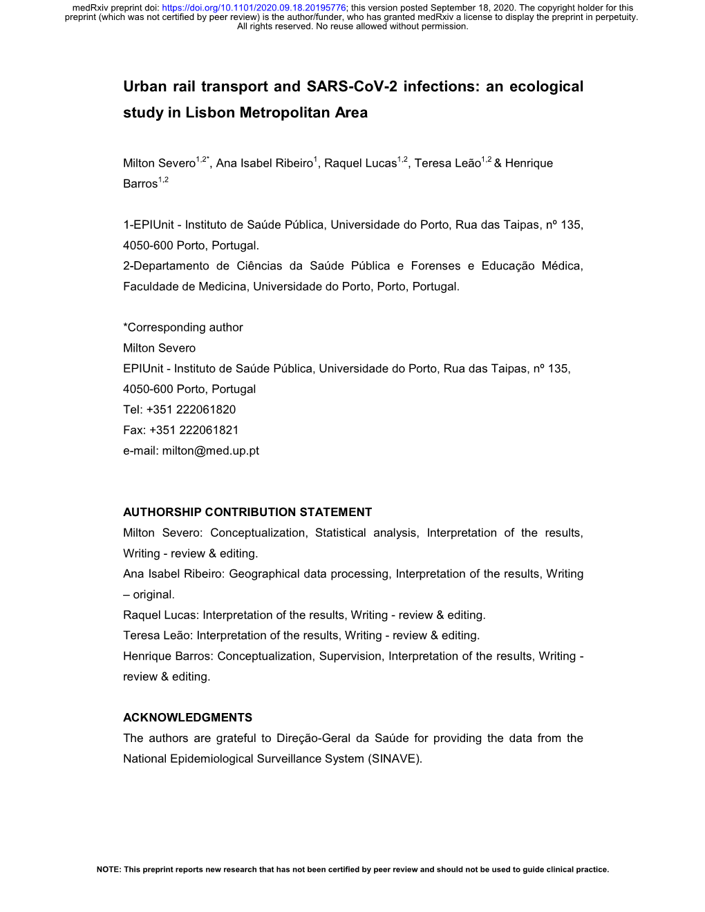 Urban Rail Transport and SARS-Cov-2 Infections: an Ecological Study in Lisbon Metropolitan Area