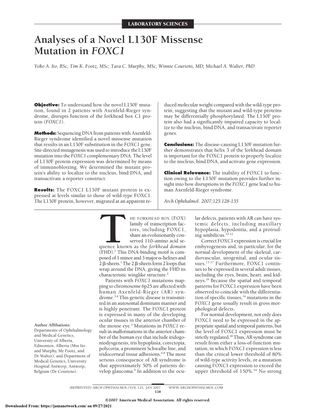 Analyses of a Novel L130F Missense Mutation in FOXC1