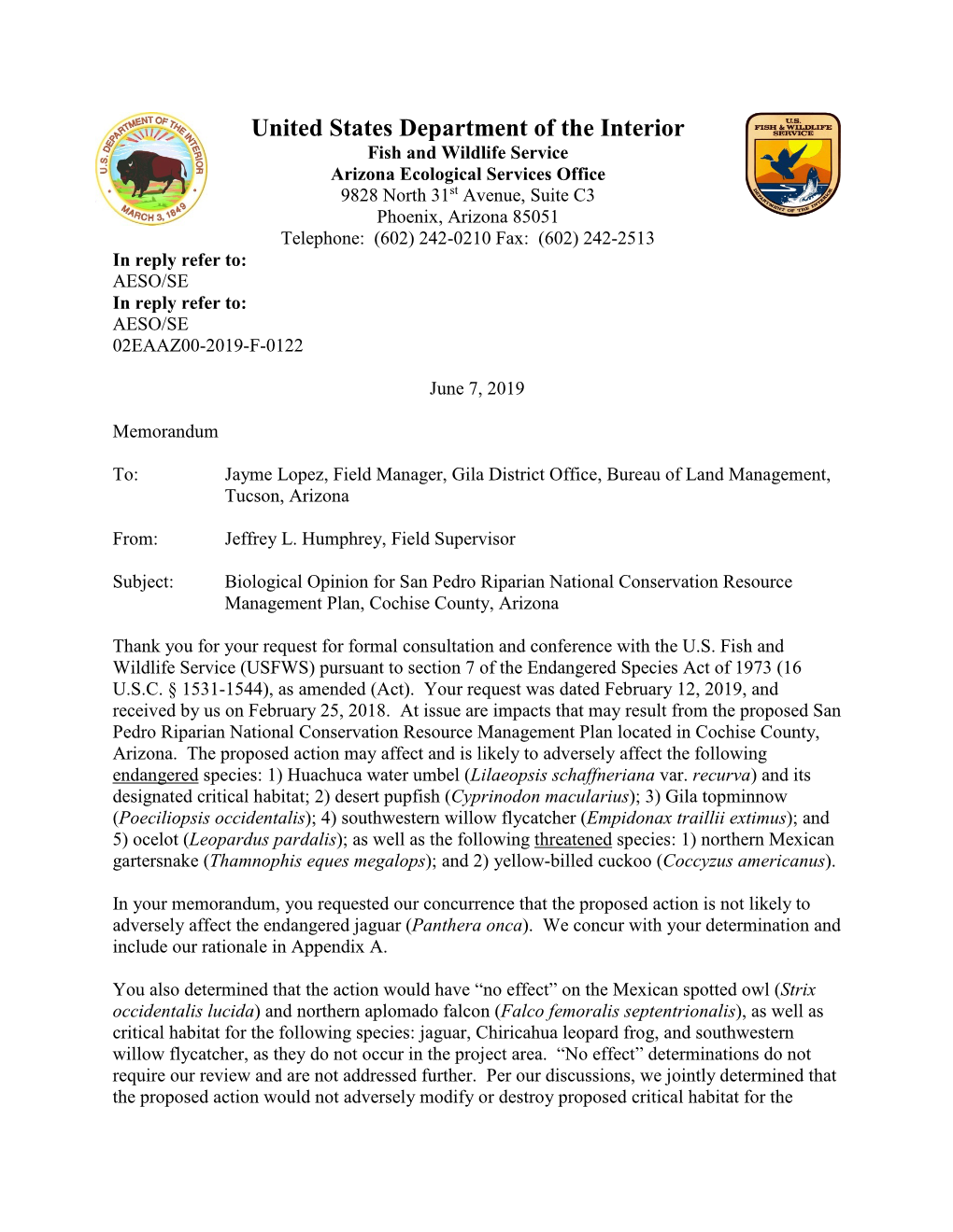 Biological Opinion for San Pedro Riparian National Conservation Resource Management Plan, Cochise County, Arizona