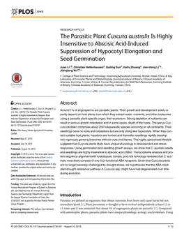 The Parasitic Plant Cuscuta Australis Is Highly Insensitive to Abscisic Acid-Induced Suppression of Hypocotyl Elongation and Seed Germination