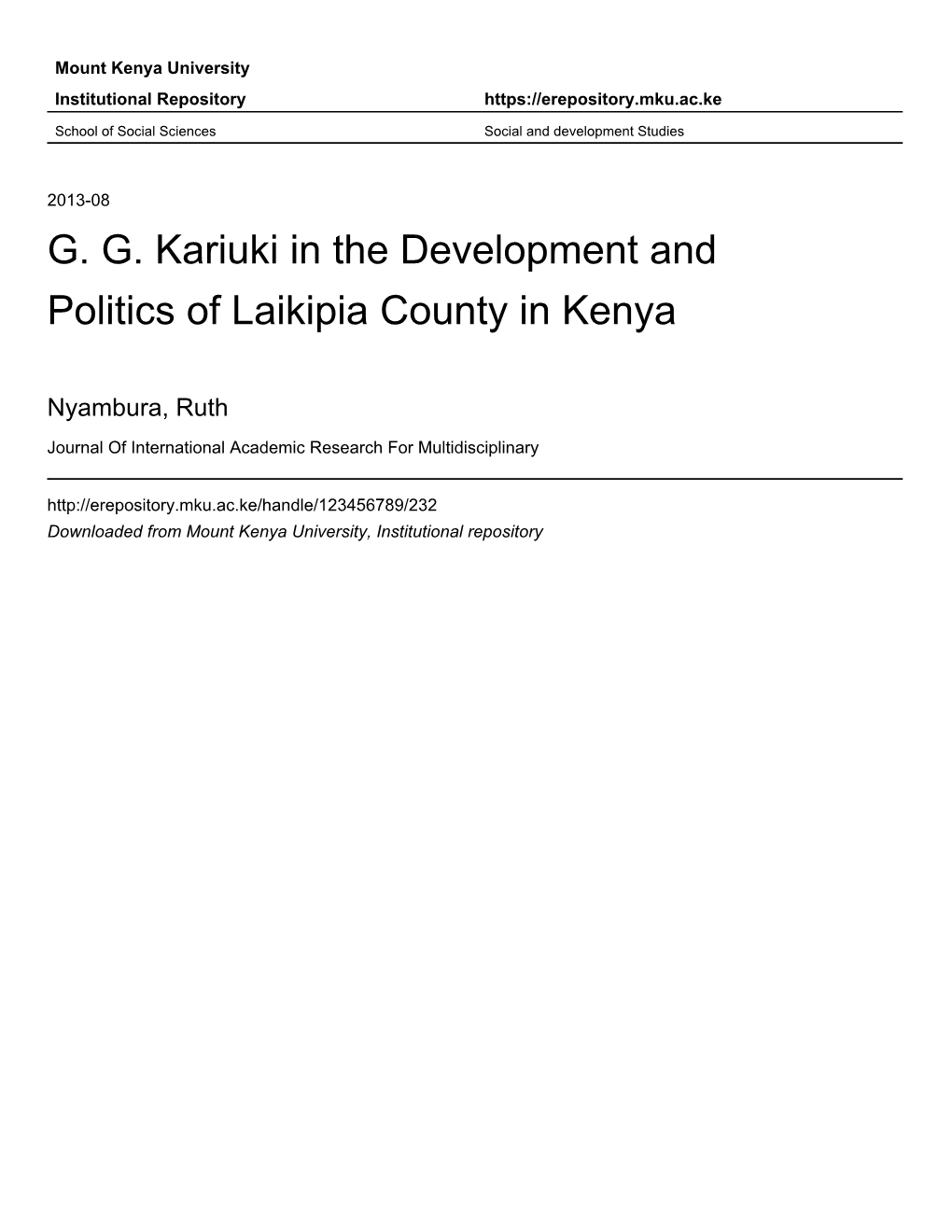 G. G. Kariuki in the Development and Politics of Laikipia County in Kenya