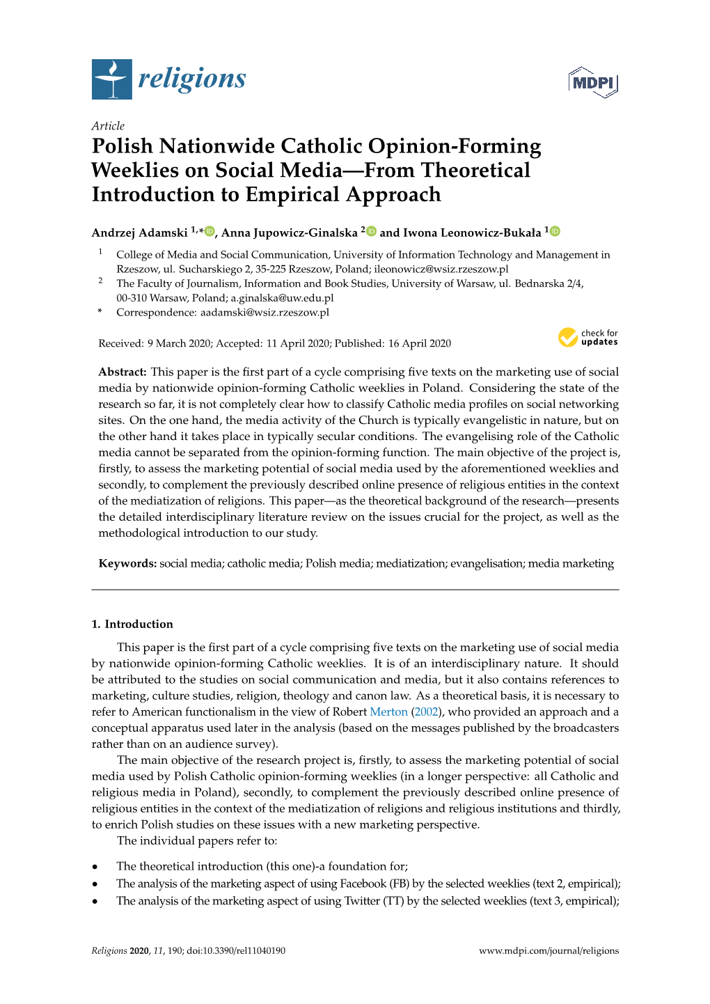 Polish Nationwide Catholic Opinion-Forming Weeklies on Social Media—From Theoretical Introduction to Empirical Approach