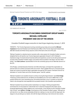 Toronto Argonauts Incoming Ownership Group Names Michael Copeland President and Ceo of the Argos