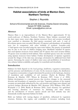 Habitat Associations of Birds at Manton Dam, Northern Territory